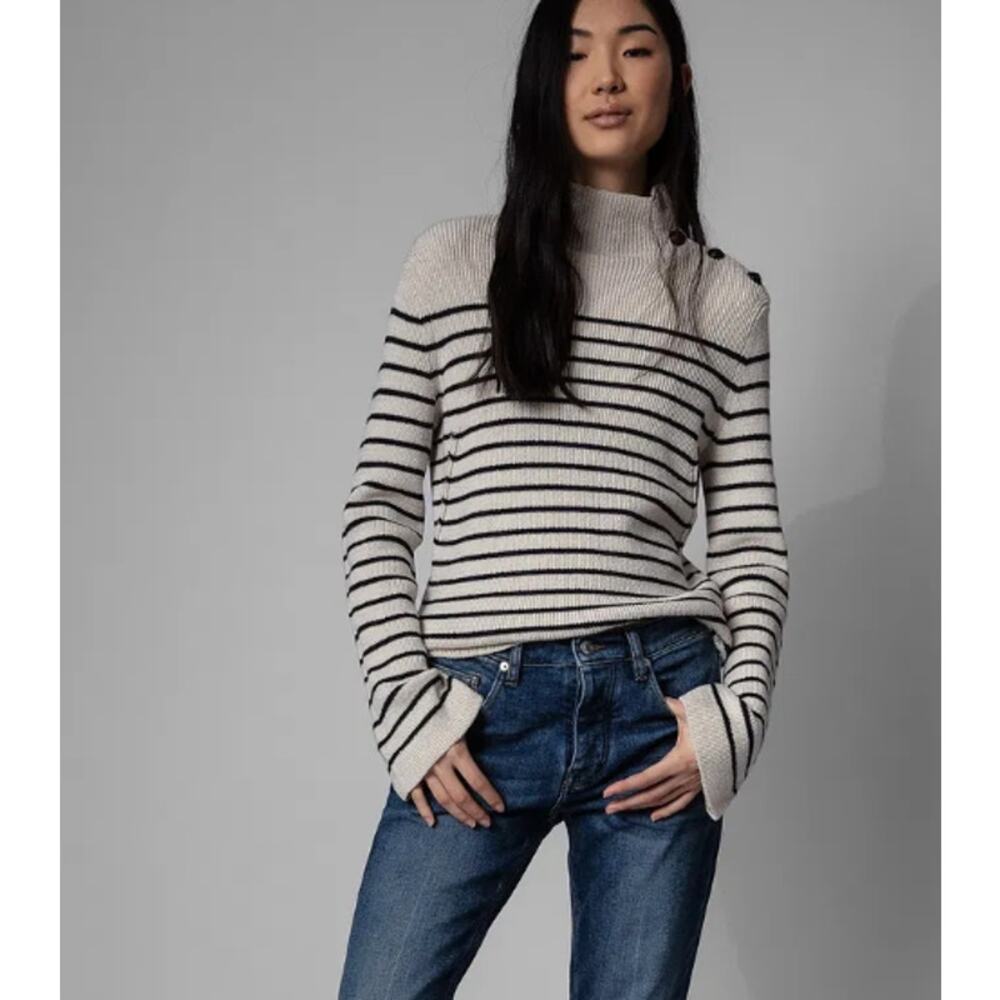 Zadig and Voltaire Sweater Sailor We Stripes Ribbed Navy Cream Funnel Neck Sz S